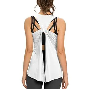 Sanutch Womens Backless Workout Tops Open Back Running Yoga Shirt Tie Back Workout Tank Tops White XS
