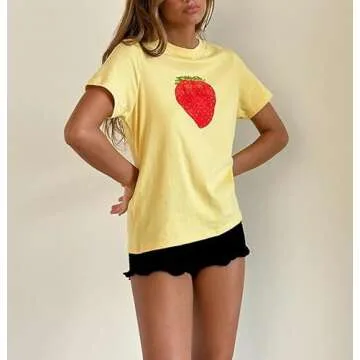 Y2k Women Graphic Baby Tee Slim Fit Short Sleeve Going Out Cute Crop Top E Girl Retro Vintage Aesthetic T Shirt (Yellow Strawberry, L)