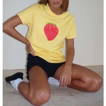 Y2k Women Graphic Baby Tee Slim Fit Short Sleeve Going Out Cute Crop Top E Girl Retro Vintage Aesthetic T Shirt (Yellow Strawberry, L)