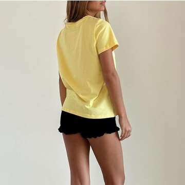 Y2k Women Graphic Baby Tee Slim Fit Short Sleeve Going Out Cute Crop Top E Girl Retro Vintage Aesthetic T Shirt (Yellow Strawberry, L)