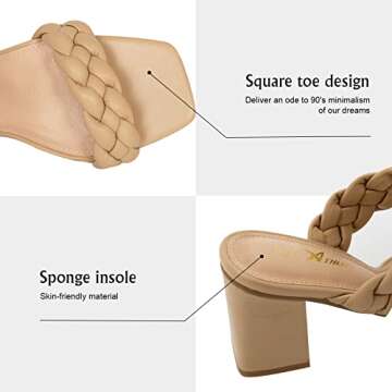 Athlefit Women's Braided Heels Square Toe Strappy Braided Sandals Slides Slip On Woven Block Tan Heels Size 8