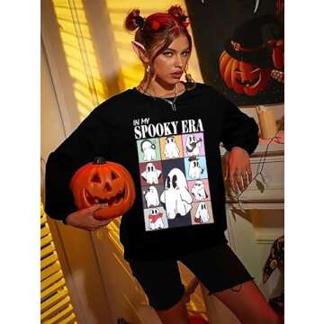UNIQUEONE Halloween Sweatshirts for Women Halloween Shirts: Oversized in My Spooky Era Sweatshirt Ghost Crewneck Pullover Black
