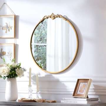 LOVNAHO Round Gold Mirror 24.5in Ornate Golden Antique Mirror Large Circle Vintage Mirrors for Wall ...