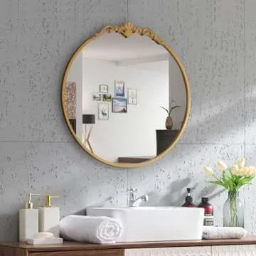 LOVNAHO Round Gold Mirror 24.5in Ornate Golden Antique Mirror Large Circle Vintage Mirrors for Wall Decor, Metal Frame Wall Decorative Mirrors for Bathroom, Living Room, Bedroom Vanity, Entryway