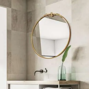 LOVNAHO Round Gold Mirror 24.5in Ornate Golden Antique Mirror Large Circle Vintage Mirrors for Wall Decor, Metal Frame Wall Decorative Mirrors for Bathroom, Living Room, Bedroom Vanity, Entryway