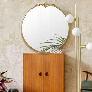 LOVNAHO Round Gold Mirror 24.5in Ornate Golden Antique Mirror Large Circle Vintage Mirrors for Wall Decor, Metal Frame Wall Decorative Mirrors for Bathroom, Living Room, Bedroom Vanity, Entryway