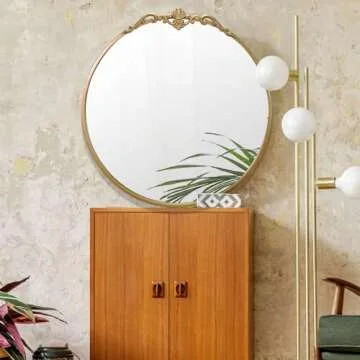 LOVNAHO Round Gold Mirror 24.5in Ornate Golden Antique Mirror Large Circle Vintage Mirrors for Wall Decor, Metal Frame Wall Decorative Mirrors for Bathroom, Living Room, Bedroom Vanity, Entryway