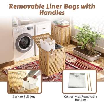 VEIKOU Hamper with Lid, Bamboo Laundry Hamper 2 Compartment, Divider Dirty Clothes Hamper, 120L Large Foldable Laundry Hamper with Removable Liners Bags
