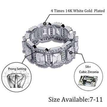 TOPGRILLZ 14K Gold Plated Iced Out Bling Cushion Baguette Solitaire Diamond Engagement Band Rings for Men Hip Hop Jewelry Gifts (White Gold, 11)