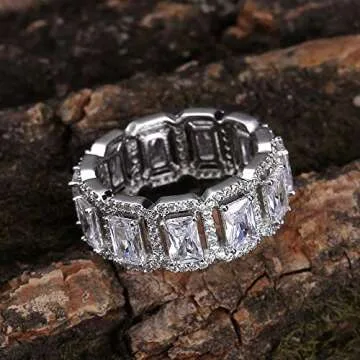 TOPGRILLZ 14K Gold Plated Iced Out Bling Cushion Baguette Solitaire Diamond Engagement Band Rings for Men Hip Hop Jewelry Gifts (White Gold, 11)