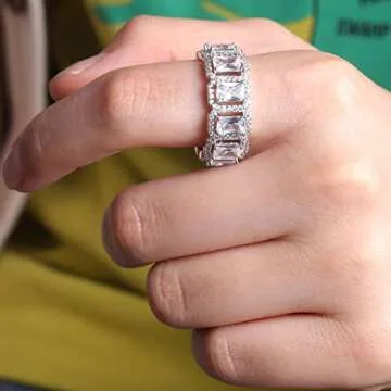 TOPGRILLZ 14K Gold Plated Iced Out Bling Cushion Baguette Solitaire Diamond Engagement Band Rings for Men Hip Hop Jewelry Gifts (White Gold, 11)