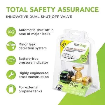 GasStop - Propane Tank Gauge with Leak Detector & Emergency Shut-Off - Pressure Indicator Universal Meter - RV & Camper Accessories