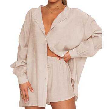 Sunwittafy Women's Casual 2 Piece Shorts Outfit Summer Long Sleeve Button Down Blouse Shirt Top Tie Up Shorts Sweatsuit Set (Apricot, S)