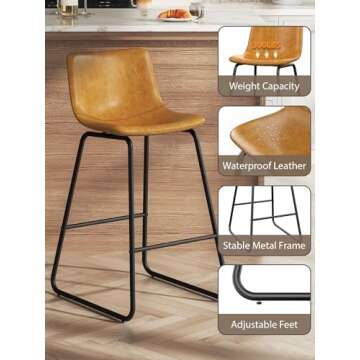 Aowos Bar Stools Set of 3, 26 Inches Counter Height Bar Stools with Back, Modern Faux Leather Barstools with Metal Legs and Footrest, Bar Chairs for Kitchens Island (Whiskey Brown)