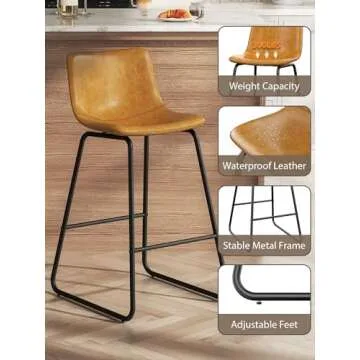 Aowos Bar Stools Set of 3, 26 Inches Counter Height Bar Stools with Back, Modern Faux Leather Barstools with Metal Legs and Footrest, Bar Chairs for Kitchens Island (Whiskey Brown)