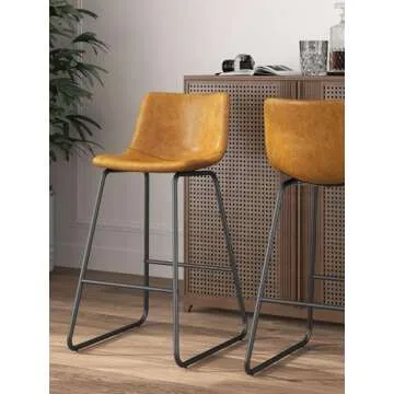 Aowos Bar Stools Set of 3, 26 Inches Counter Height Bar Stools with Back, Modern Faux Leather Barstools with Metal Legs and Footrest, Bar Chairs for Kitchens Island (Whiskey Brown)
