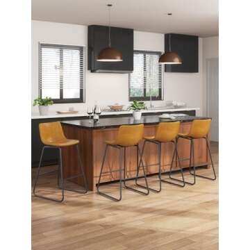 Aowos Bar Stools Set of 3, 26 Inches Counter Height Bar Stools with Back, Modern Faux Leather Barstools with Metal Legs and Footrest, Bar Chairs for Kitchens Island (Whiskey Brown)