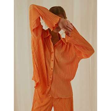 Creaion Street Wear Outfits for Women 2 Piece Casual Plisse Set Long Sleeve Button Down Shirt High Waist Long Pants Loungewear Suits Vibrant Orange