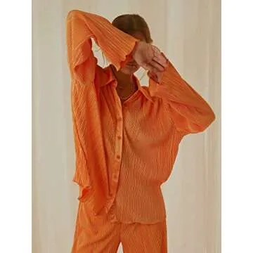 Creaion Street Wear Outfits for Women 2 Piece Casual Plisse Set Long Sleeve Button Down Shirt High Waist Long Pants Loungewear Suits Vibrant Orange