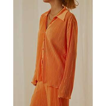 Creaion Street Wear Outfits for Women 2 Piece Casual Plisse Set Long Sleeve Button Down Shirt High Waist Long Pants Loungewear Suits Vibrant Orange
