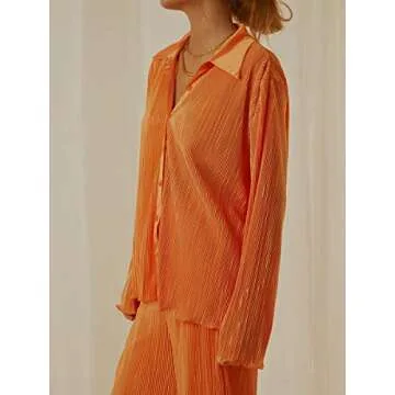 Creaion Street Wear Outfits for Women 2 Piece Casual Plisse Set Long Sleeve Button Down Shirt High Waist Long Pants Loungewear Suits Vibrant Orange