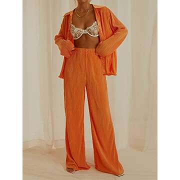 Creaion Street Wear Outfits for Women 2 Piece Casual Plisse Set Long Sleeve Button Down Shirt High Waist Long Pants Loungewear Suits Vibrant Orange