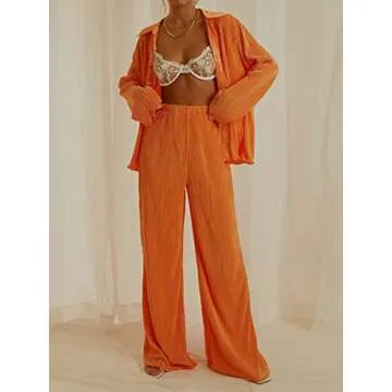 Creaion Street Wear Outfits for Women 2 Piece Casual Plisse Set Long Sleeve Button Down Shirt High Waist Long Pants Loungewear Suits Vibrant Orange