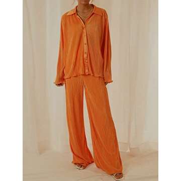 Creaion Street Wear Outfits for Women 2 Piece Casual Plisse Set Long Sleeve Button Down Shirt High Waist Long Pants Loungewear Suits Vibrant Orange