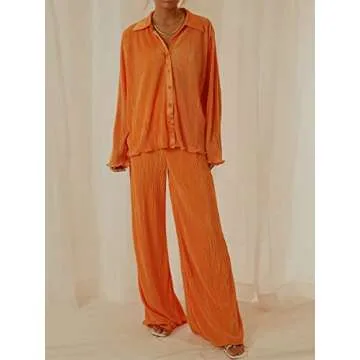 Creaion Street Wear Outfits for Women 2 Piece Casual Plisse Set Long Sleeve Button Down Shirt High Waist Long Pants Loungewear Suits Vibrant Orange