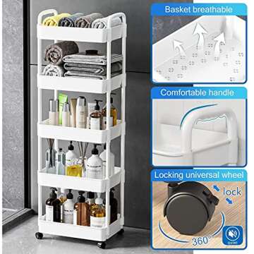 7 code 5-Tier Rolling Cart, Utility Cart with Lockable Wheels, Storage Cart Craft Cart Book Cart Diaper Cart Organizer for Bathroom Kitchen, White