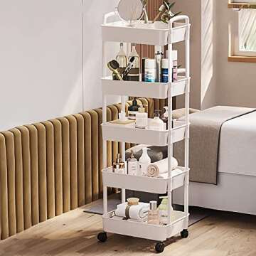 7 code 5-Tier Rolling Cart, Utility Cart with Lockable Wheels, Storage Cart Craft Cart Book Cart Diaper Cart Organizer for Bathroom Kitchen, White