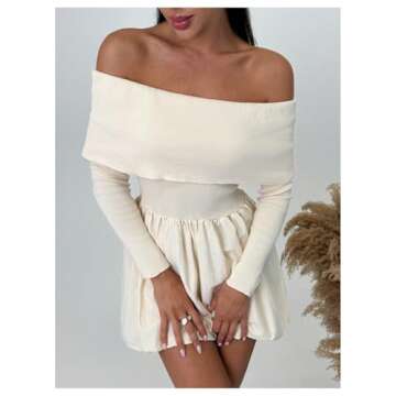 SOLY HUX Women's Off The Shoulder Sweater Dress Long Sleeve A Line Ruffle Hem Knit Mini Dresses