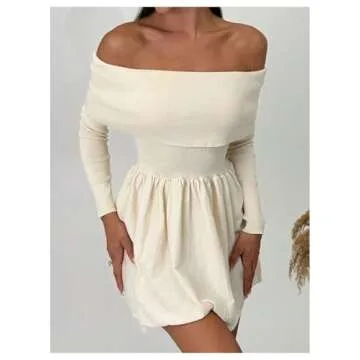 SOLY HUX Women's Off The Shoulder Sweater Dress Long Sleeve A Line Ruffle Hem Knit Mini Dresses
