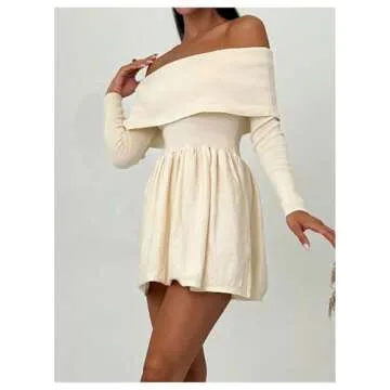 SOLY HUX Women's Off The Shoulder Sweater Dress Long Sleeve A Line Ruffle Hem Knit Mini Dresses