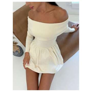 SOLY HUX Women's Off The Shoulder Sweater Dress Long Sleeve A Line Ruffle Hem Knit Mini Dresses