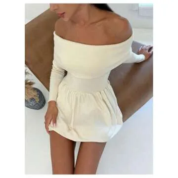 SOLY HUX Women's Off The Shoulder Sweater Dress Long Sleeve A Line Ruffle Hem Knit Mini Dresses