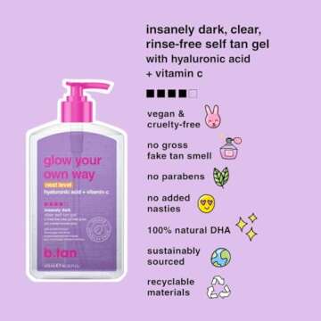 b.tan Insanely Dark Clear Self Tan Gel | Glow Your Own Way Next Level - Best, Transfer-Resistant Sunless Tanning Lotion, Ultra Quick Bronze, No Fake Tanner Smell, 16 Fl Oz