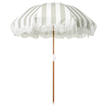 Boho Beach Umbrella UPF 50+ Tilting Wood Pole Sage Stripe