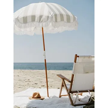 Boho Beach Umbrella UPF 50+ Tilting Wood Pole Sage Stripe