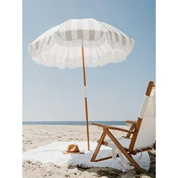 Boho Beach Umbrella UPF 50+ Tilting Wood Pole Sage Stripe