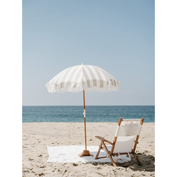 Boho Beach Umbrella UPF 50+ Tilting Wood Pole Sage Stripe