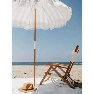 Boho Beach Umbrella UPF 50+ Tilting Wood Pole Sage Stripe