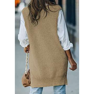 Viottiset Women's Oversized V Neck Knit Sweater Vest Tunic Sleeveless Pullover Top Khaki Large