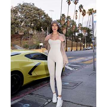 OQQ Women's Yoga Ribbed One Piece Tank Top Sleeveless Exercise JumpSuit Romper, Beige3, Small