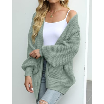 MEROKEETY Women's Fall Open Front Long Lantern Sleeve Cardigan Oversized Chunky Outwear with Pocket Sage