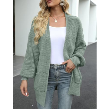 MEROKEETY Women's Fall Open Front Long Lantern Sleeve Cardigan Oversized Chunky Outwear with Pocket Sage