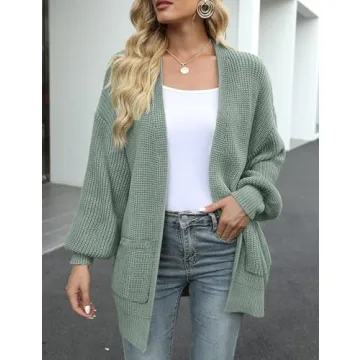 MEROKEETY Women's Fall Open Front Long Lantern Sleeve Cardigan Oversized Chunky Outwear with Pocket Sage
