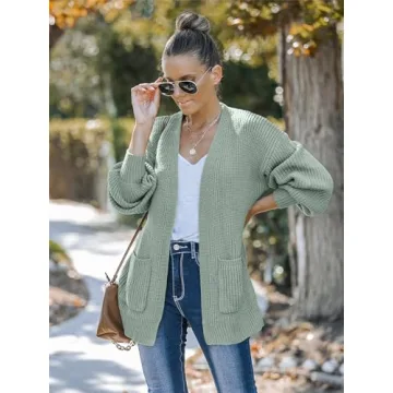 MEROKEETY Women's Fall Open Front Long Lantern Sleeve Cardigan Oversized Chunky Outwear with Pocket Sage