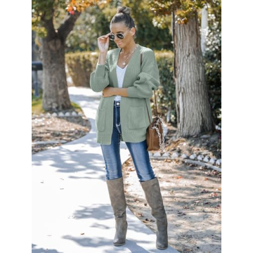 MEROKEETY Women's Fall Open Front Long Lantern Sleeve Cardigan Oversized Chunky Outwear with Pocket Sage