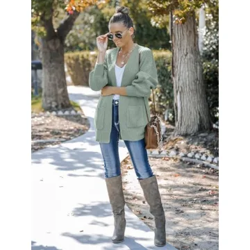 MEROKEETY Women's Fall Open Front Long Lantern Sleeve Cardigan Oversized Chunky Outwear with Pocket Sage